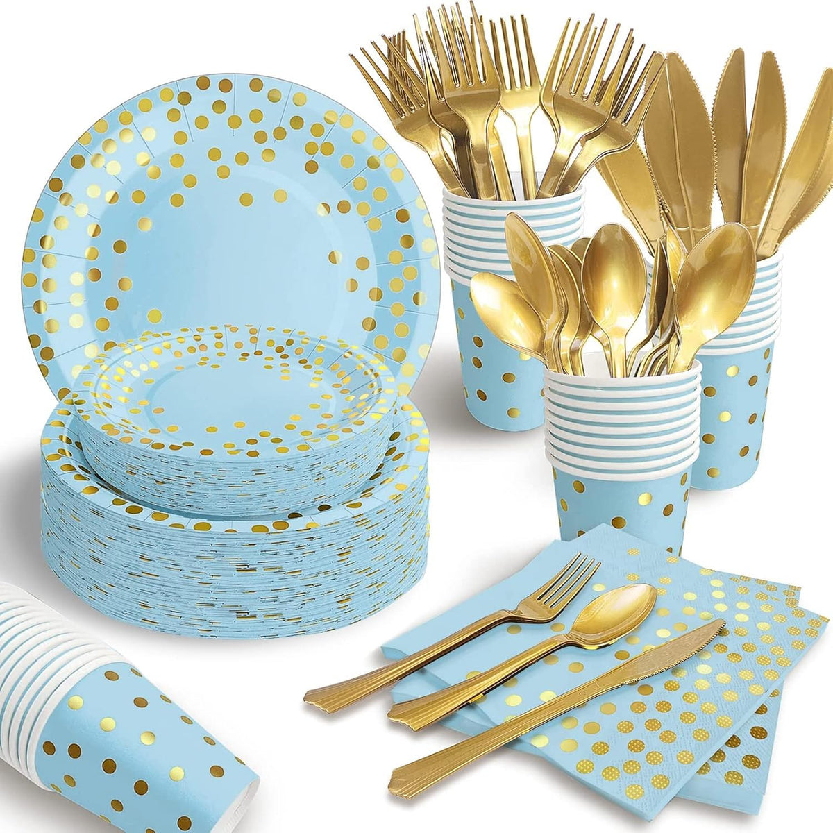 AIRE 175Pcs Blue and Gold Paper Plates Dinnerware Sets for 25 Guests, Party Decorations Paper Plates Party Supplies Gold Plastic Forks Knives Spoons, Golden Dot Napkins Cups For Birthday Baby Shower