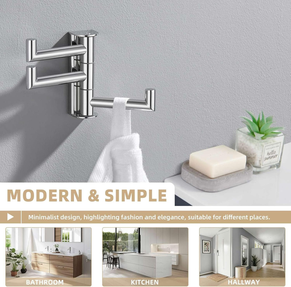 Suyar Bathroom Towel Hook Polished Chrome, SUS 304 Stainless Steel Swivel Robe Hook with 3 Arms, Towel Hanger Wall Mounted