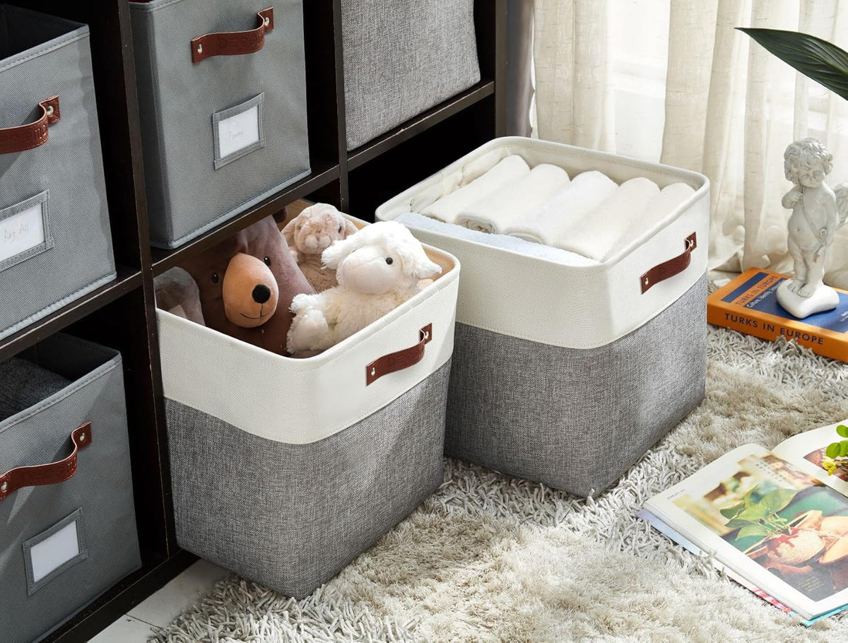 DECOMOMO Storage Cubes, 12x12 Storage Bins, Baskets for Shelves (Grey & White, Cube 12" - 4 Pack)