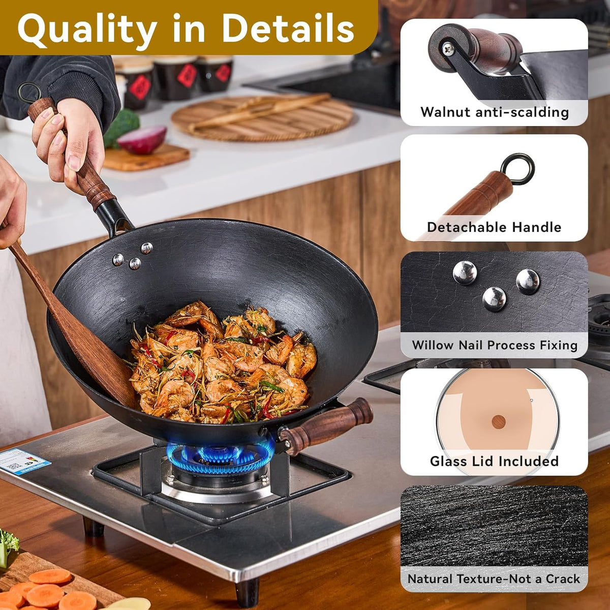 WANGYUANJI 12.6 Inch Cast Iron Wok with Glass Lid – Flat Bottom Stir Fry Pan,Handcrafted Iron Cookware for Induction, Gas & Electric Stoves, Black