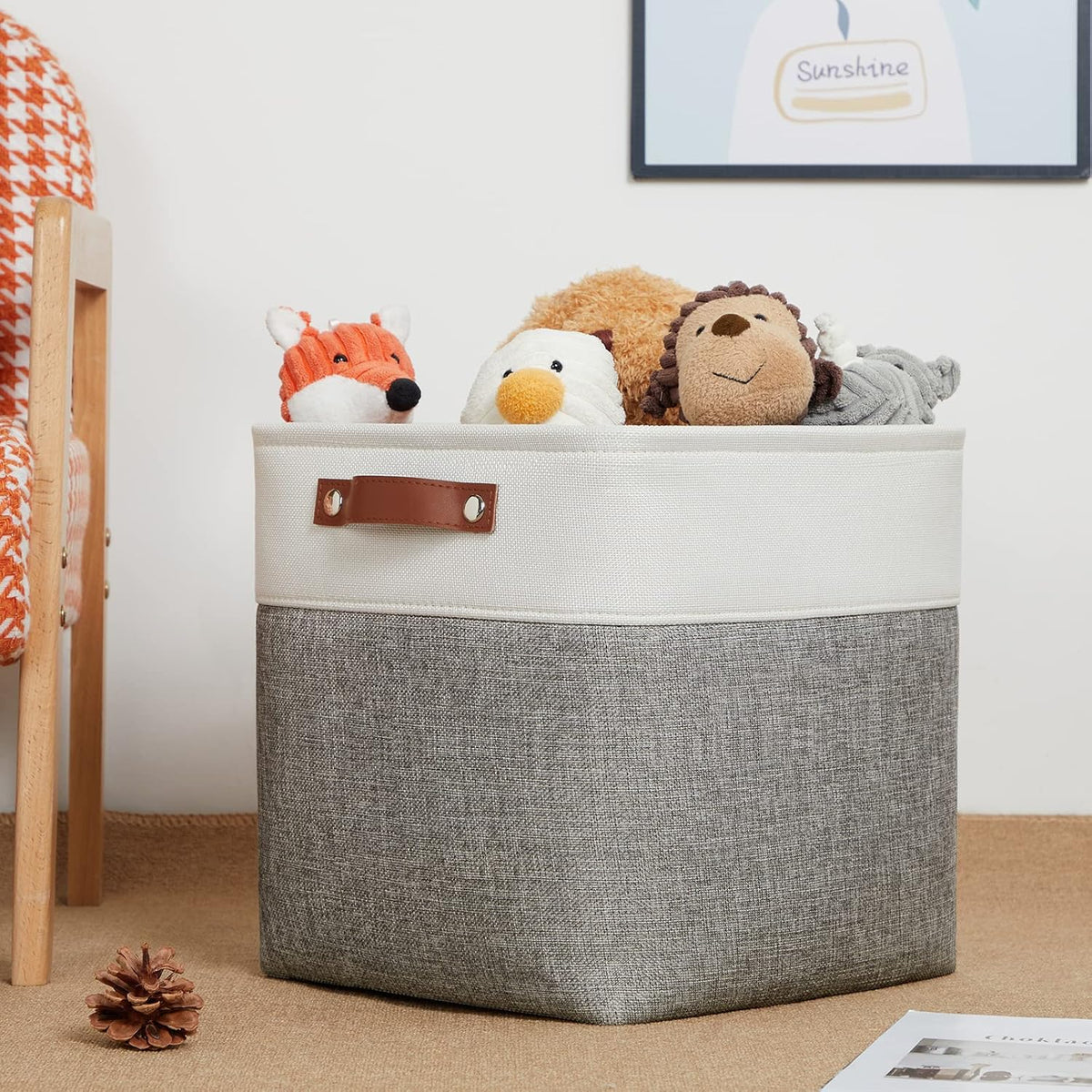 DULLEMELO [Set of 4 Storage Cubes Baskets for Organizing, 12 x 12 x 12 inch Cube Storage Organizer Bins with Leather Handles, Foldable Fabric Cloth Bins for Cube Storage(4 Pack - 12" White&Grey)