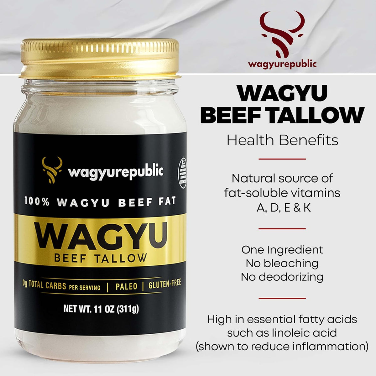 Wagyu Republic Beef Tallow ⎸ Grass Fed Wagyu Beef Tallow, Great for Cooking Steak or as Tallow Balm ⎸ Keto, Gluten Free Protein Snacks for Adults, Perfect for Whole 30 or Carnivore Diet ⎸7lbs