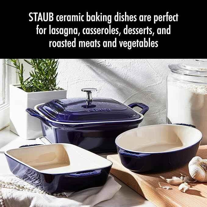 STAUB Ceramic 4-pc Baking Pans Set, Casserole Dish with Lid, Brownie Pan, Dark Blue