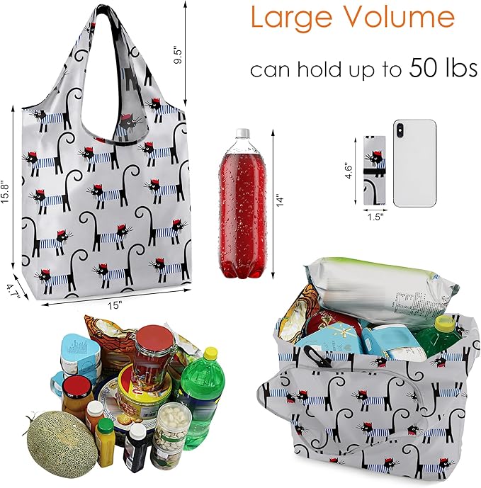 BeeGreen Gifts for Cat Lovers 6 Pack Cats Reusable Grocery Bags with Elastic Band Reusable Shopping Bags Bulk 50LBS X-Large Foldable-Machine Washable-Heavy Duty Kitten Bags