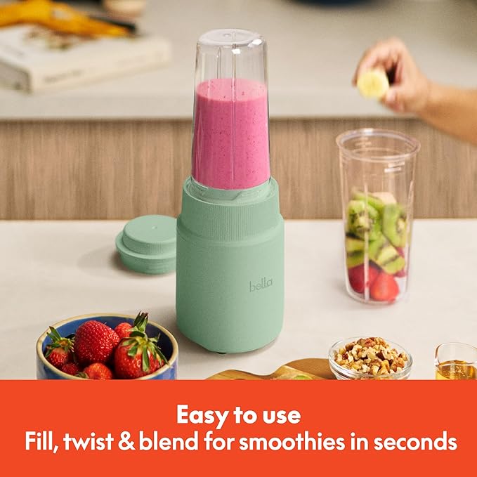 bella 6 Pcs Portable Rocket Blender, Juicer & Smoothie Maker, Press & Twist Design, EverGood™ & BPA Free Dishwasher Safe Parts, 4 Tip Stainless Steel Blade, Cord Wrap, 240 Watt Motor, Seaglass