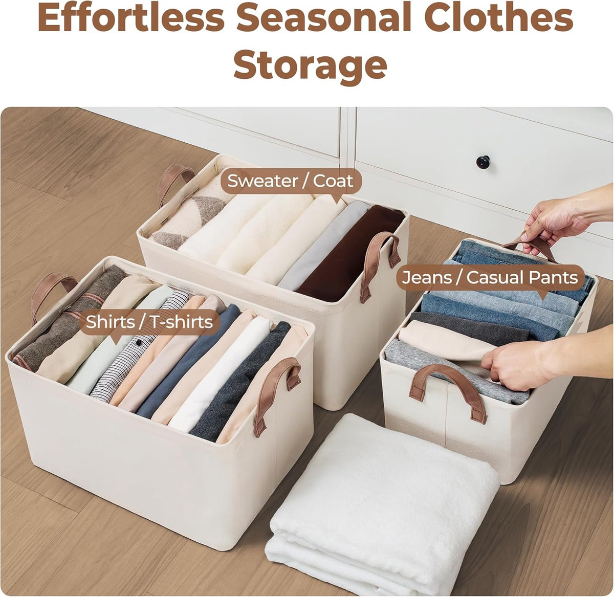 StorageWorks Storage Bins, Shelves Baskets for Organizing, Large Fabric Closet Organizers with Handles, Metal Frame, Natural Color, 2-Pack