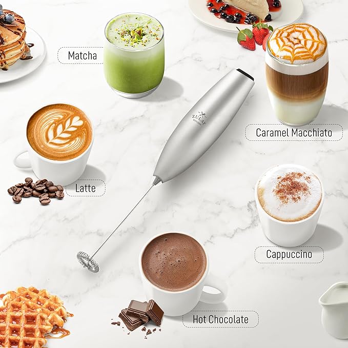 Zulay Powerful Milk Frother for Coffee with Upgraded Titanium Motor - Handheld Electric Whisk, Foamer, Mini Mixer and Coffee Blender for Latte, Matcha, No Stand - Silver/Black