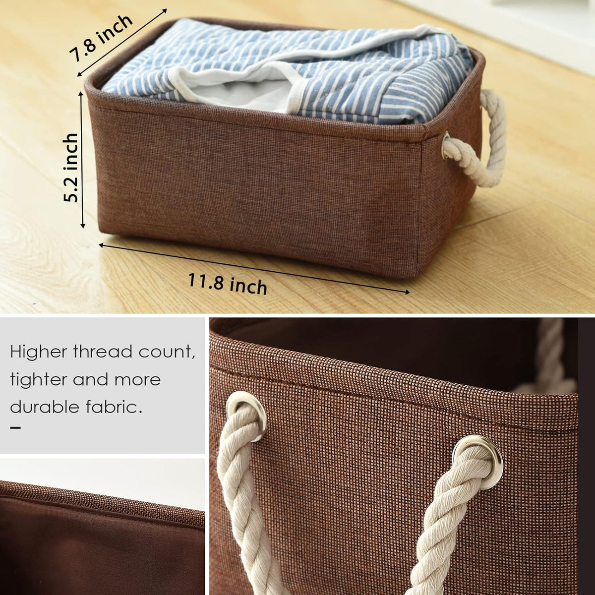 TheWarmHome Small Fabric Canvas Storage Bin with Cotton Rope Handles - Foldable Empty Basket for Gift (Brown-1 Pack,11.8L7.9W5.2H inch)