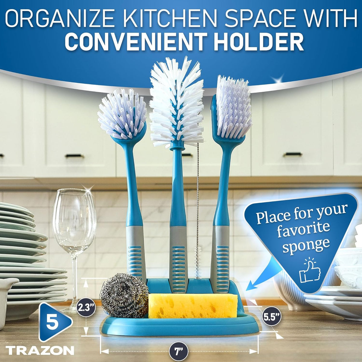 Dish Brush Set of 5 with Convenient Holder, Bottle Water Brush, Dish Scrub Brush, Scrubber Brush and Straw Brush - Kitchen Scrub Brushes Non Slip Long Handle for Sink Dishes Cup Pot