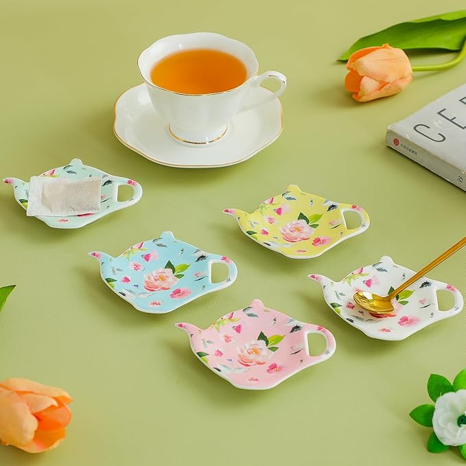 Porcelain Tea Bag Coasters, Floral Used Tea Bag Holder, Set of 5 Tea Bag Plates Floral, Teaspoon Rest, Tea Bag Rest Dish, Tea Party Gifts