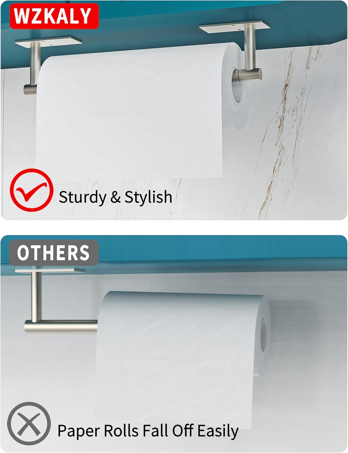 Paper Towel Holder Under Cabinet, Self Adhesive or Wall Mounted SUS304 Stainless Steel Paper Towel Holder for Kitchen, Bathroom(2 Towel Hooks, Silver)