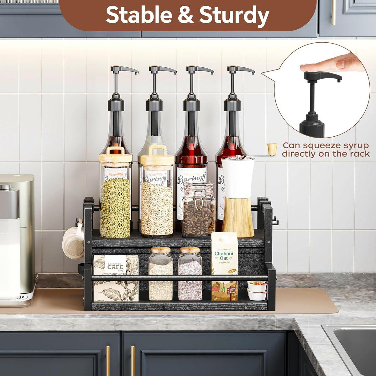 Homeiju Coffee Syrup Organizer Rack, 2-Tier Bottle Coffee Bar Accessories, Holder Stand with K Cup Storage Drawer for Coffee bar, Wine Rack, Storage Shelves for Syrup. (Black)