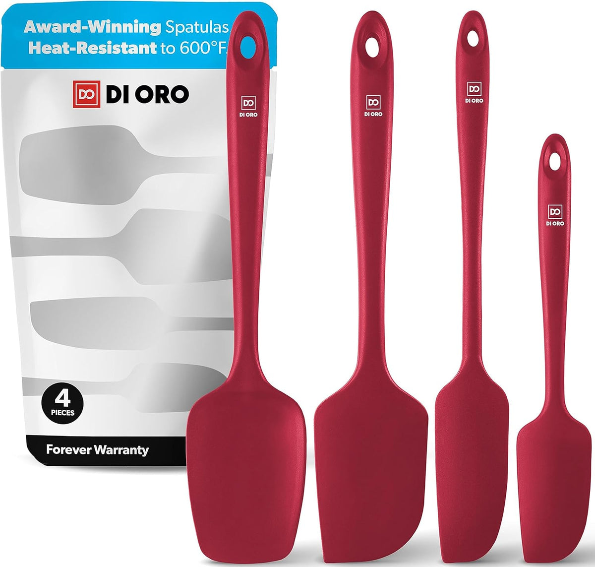 DI ORO Silicone Spatula Set - Rubber Kitchen Spatulas for Baking, Cooking, & Mixing - 600°F Heat-Resistant & BPA Free Silicone Scraper Spatulas for Nonstick Cookware - Dishwasher Safe (4pc, Red)