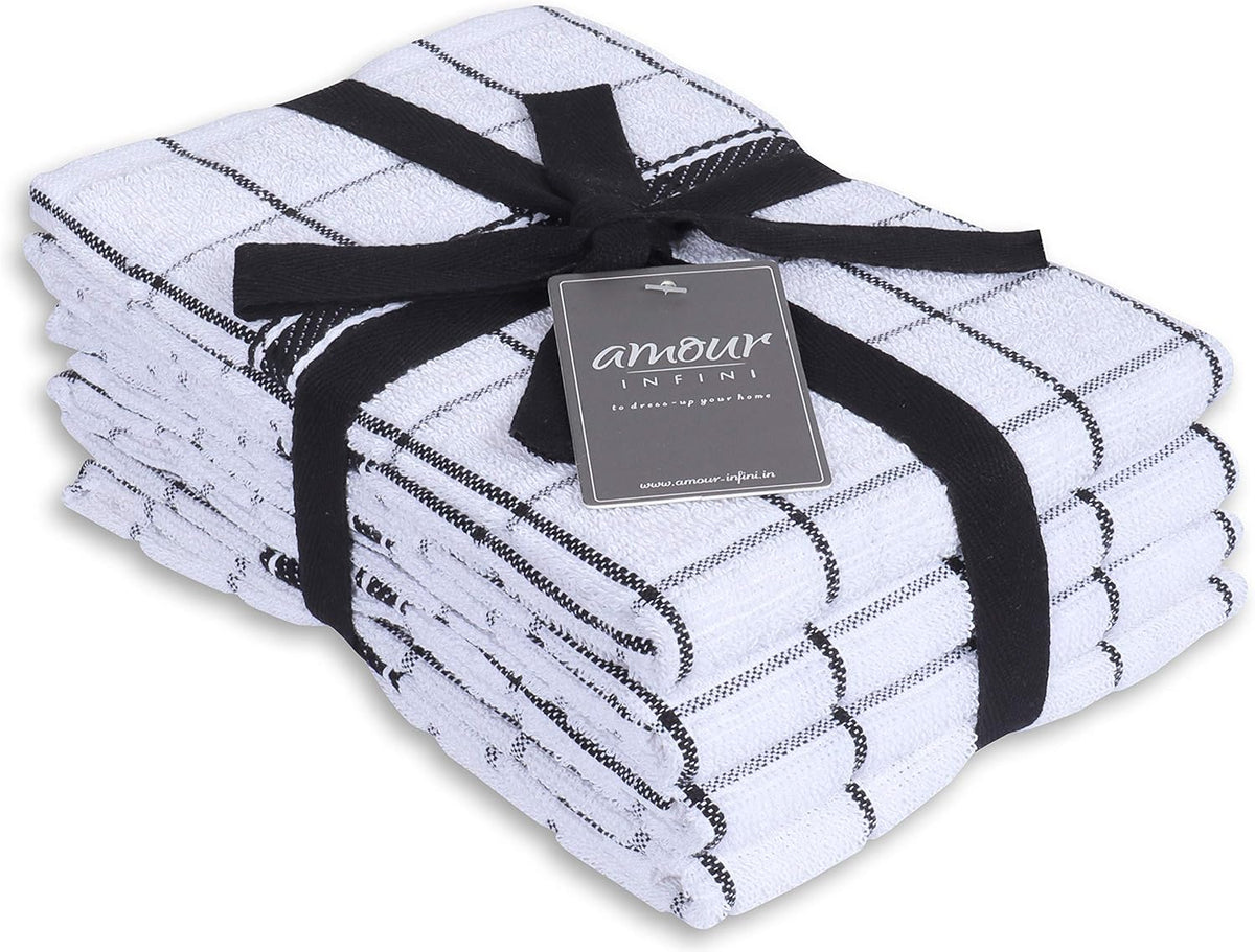 AMOUR INFINI Terry Cotton Kitchen Towels 4-Pack - Large 18 x 28 Inch, Absorbent & Soft Dish Towel with Hanging Loop, Washable Ideal for Cleaning, Drying (Black)