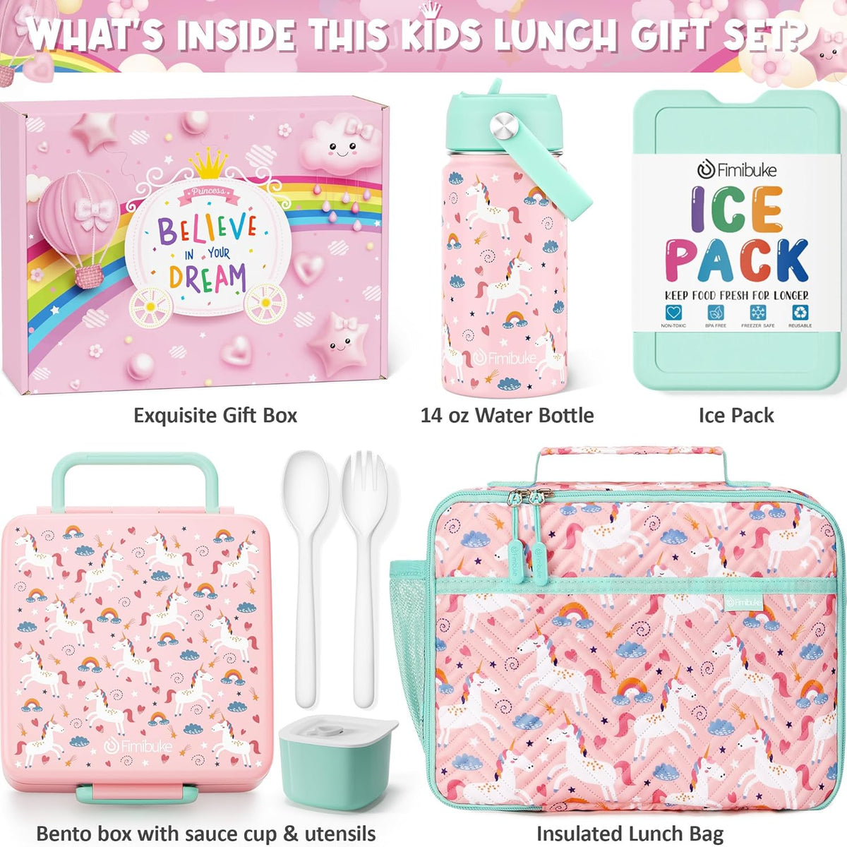 Fimibuke Kids Bento Lunch Box with 4 Compartments, Insulated lunch Bag, Stainless Steel Insulated Water Bottle, Ice Pack & Utensils Set, Birthday Gifts for Ages 3-12 Back to School Toddler Girls Boys