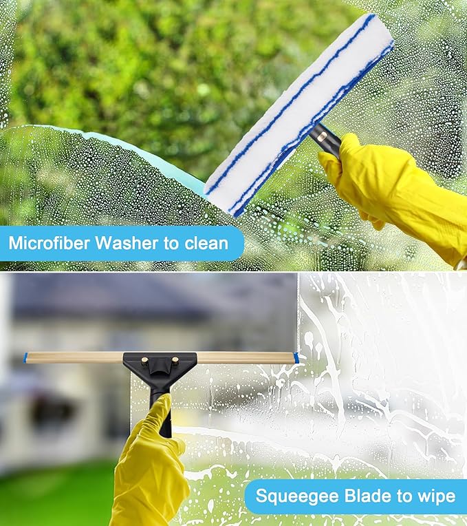 Window Cleaning Kit with Storage Bucket, Window Squeegee with 4.13ft Extension Pole, Scrubber, Spray Bottle,Duster Cloth, Squeegee with Rotating Head, Professional Window Cleaning Tools
