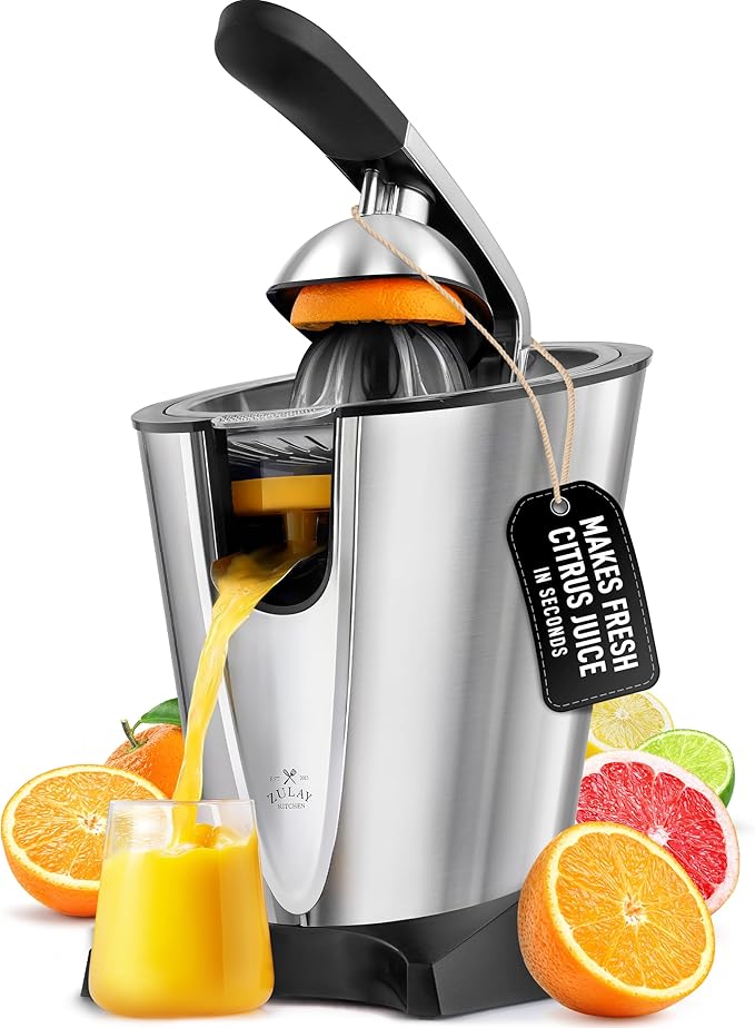 Zulay Electric Citrus Juicer - Makes Fresh Orange, Lemon, Grapefruit, Lime Juice - Stainless Steel, 160W Powerful & Quiet, Interchangeable Cones -Filters Out Seeds & Pulp- Dishwasher Safe Parts- Black