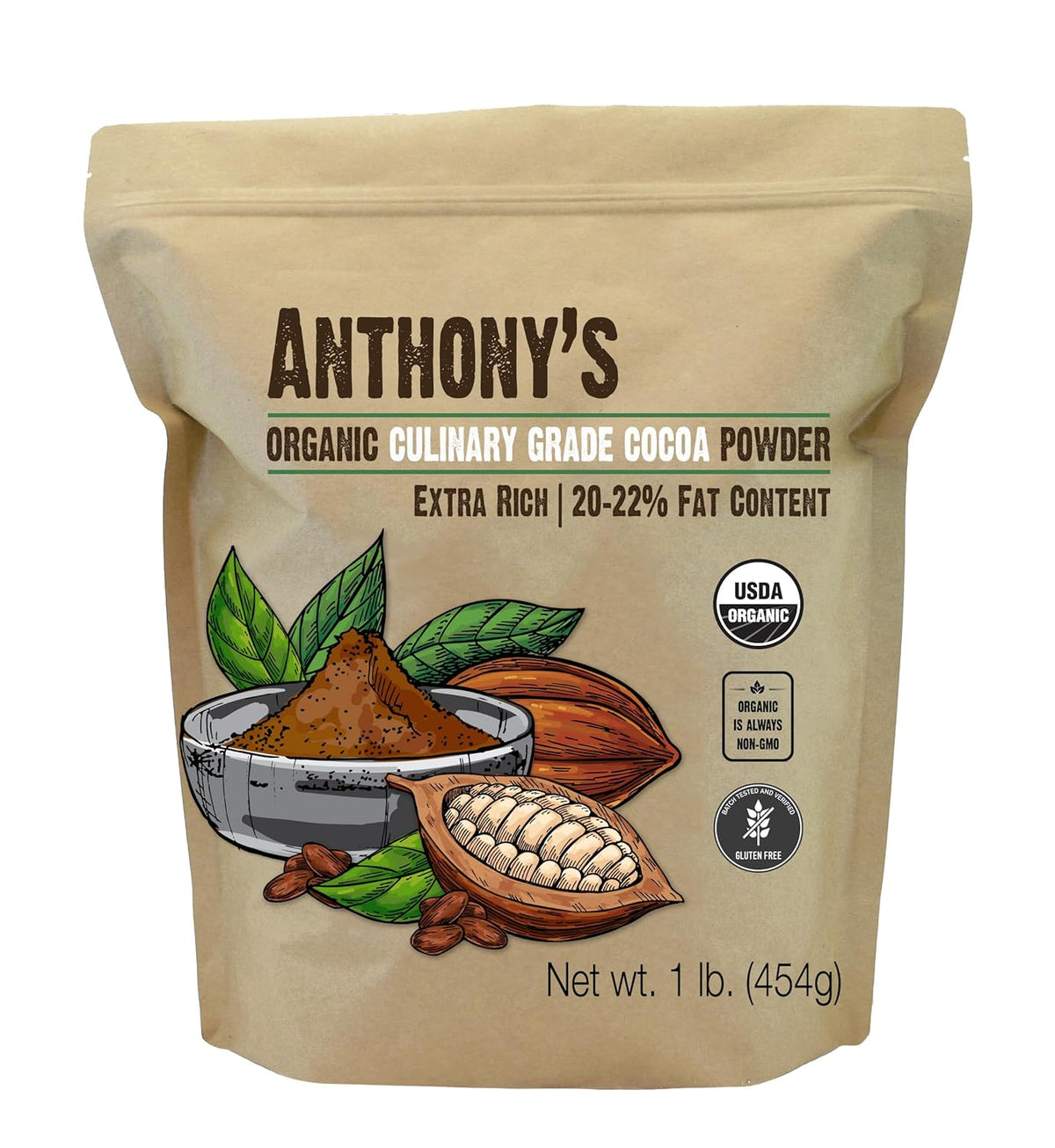 Anthony's Organic Culinary Grade Cocoa Powder, 1 lb, Dutch Processed Baking Cocoa, Gluten Free, Non GMO, Keto Friendly