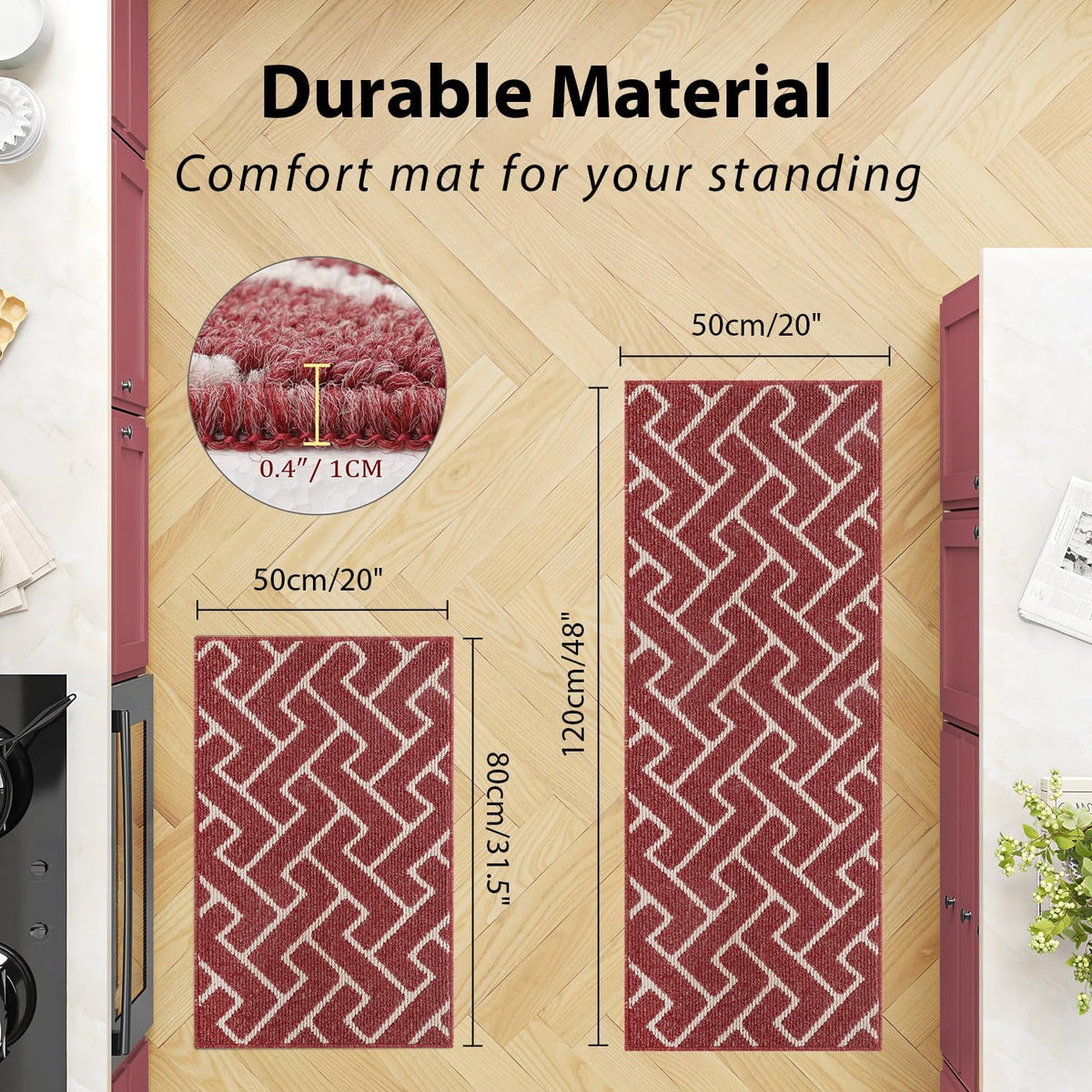 hicorfe Kitchen Rugs and Mats Sets,2 Pieces Non-Slip Absorbent 100% Polypropylene Kitchen Mats for Floor,Comfort Kitchen Runner Mat,Washable for Kitchen,Sink,Laundry(20" x 31.5" Plus 20" x 48",Red)