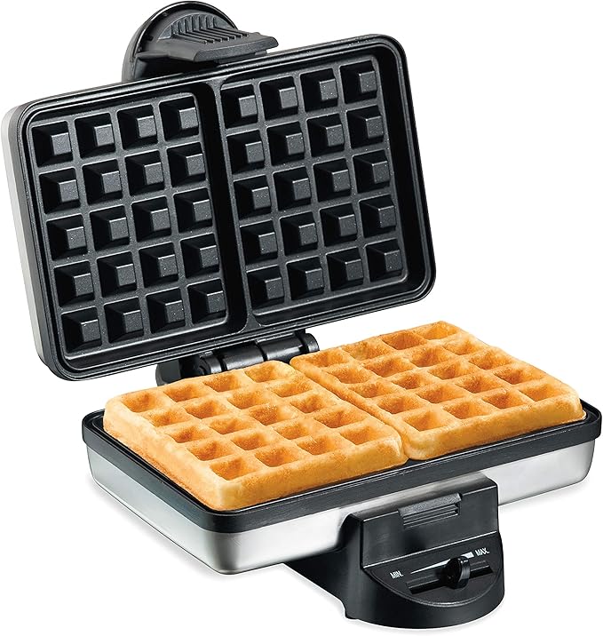 Hamilton Beach Belgian Mini Waffle Maker with Shade Control, Makes 2 at Once, Create Personalized Keto Chaffles and Hash Browns, PFAS-Free Non-Stick Plates, Compact Design, Stainless Steel (26009)