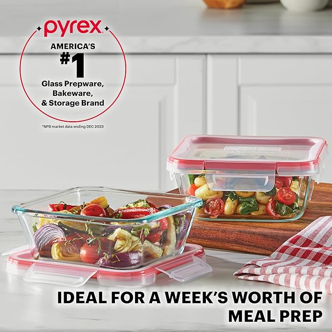 Pyrex Freshlock (5-Pack, 4 Cup) Glass Food Storage Containers Set, Airtight & Leakproof Locking Lids BPA-Free, Meal Prep Containers Set, Freezer Dishwasher Microwave Safe
