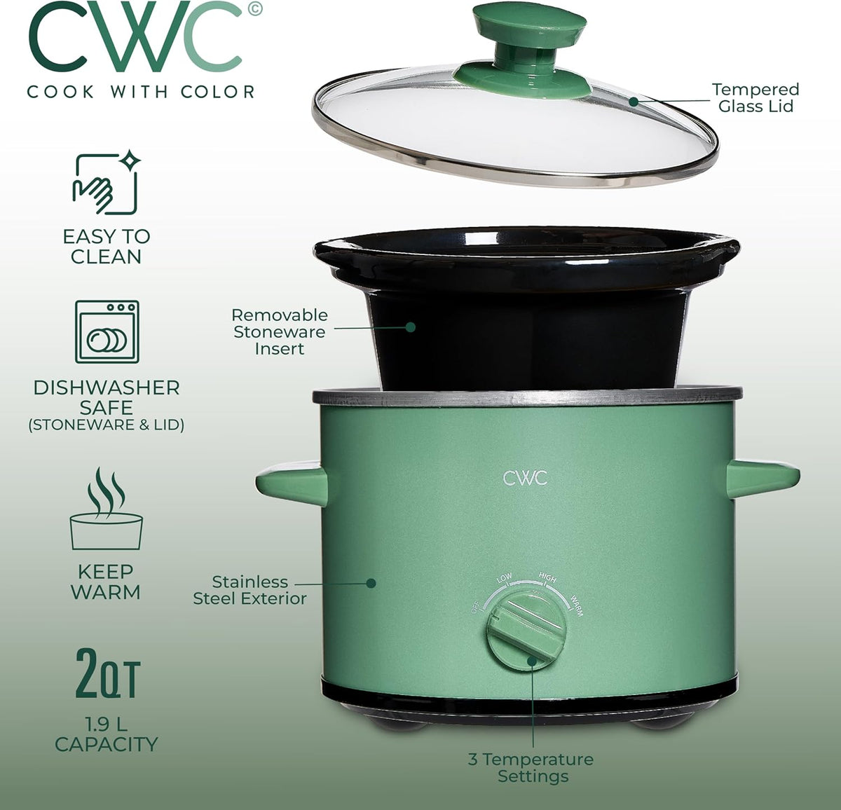 COOK WITH COLOR 2QT Mini Electric Round Slow Cooker - Adjustable Settings, Removable Stoneware Pot, Tempered Glass Lid, Dishwasher Safe, Cool-Touch Side Handles, Dark Sage
