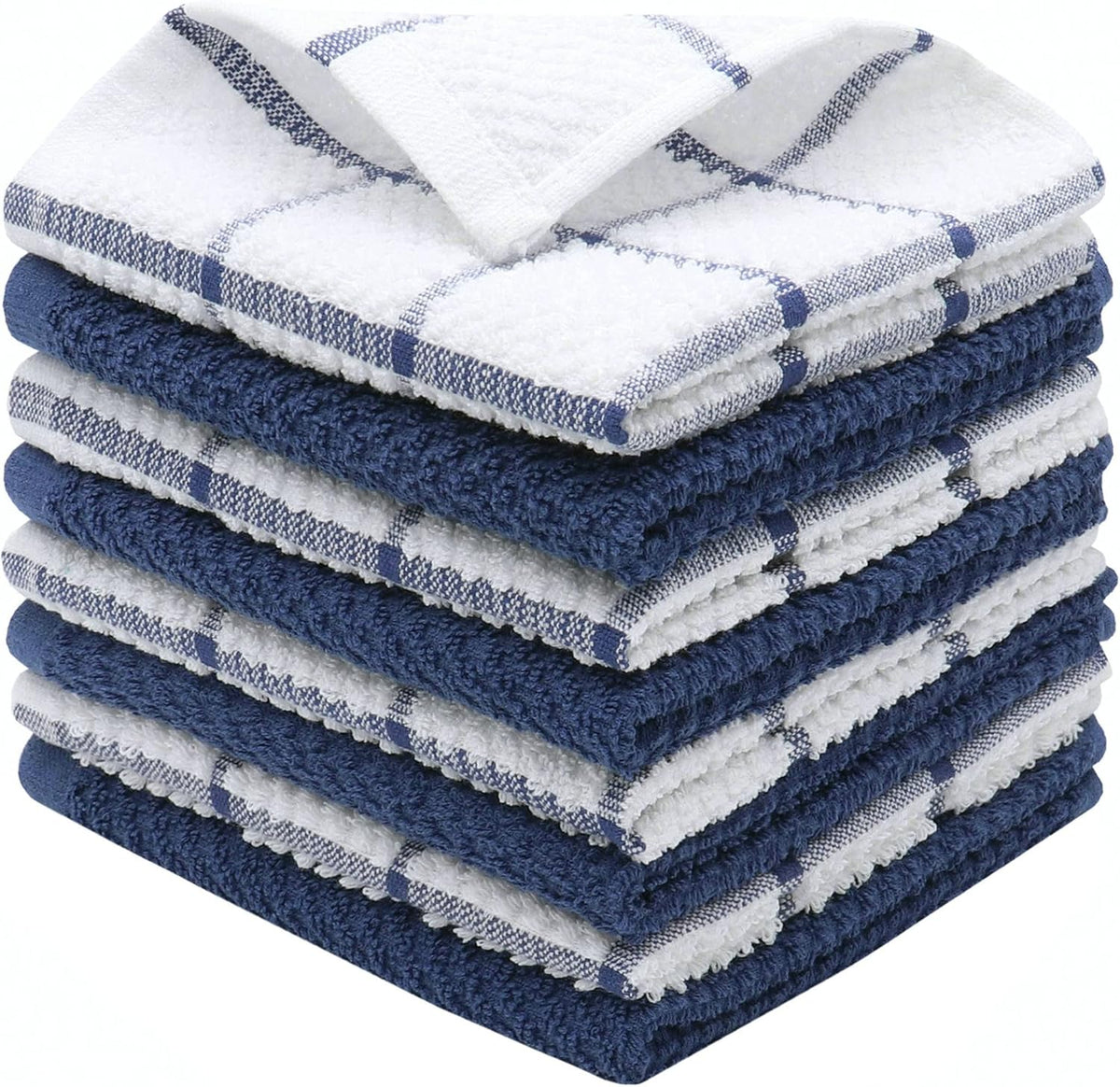 Cotton Grid Dish Cloths, Terry Cleaning Rags, 12 x 12 Inches, Light and Soft, Quick Drying Dish Rags, 8pc/Set (Blue Multi)