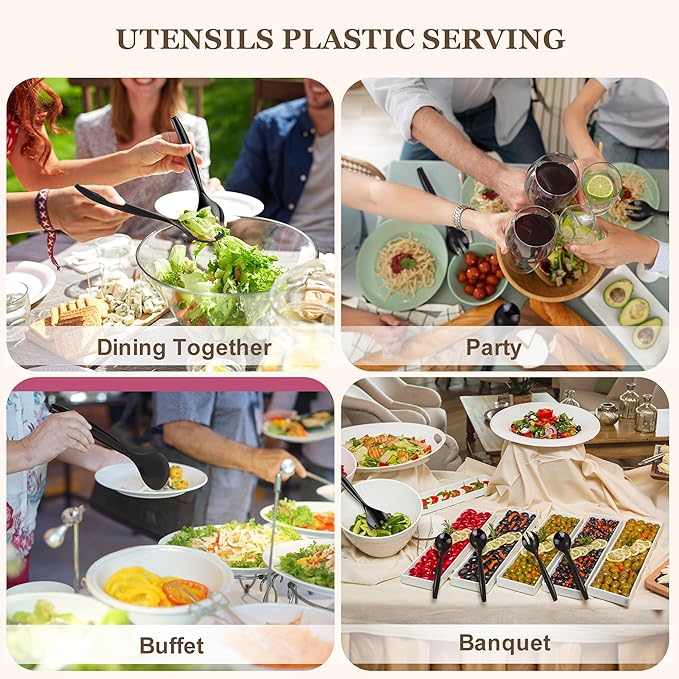 Mwellewm 48 Pcs Serving Spoons 10'' Large Plastic Serving Utensils Set Slotted Disposable Serving Forks Heavy Duty Black Party Supplies for Buffet Restaurant Dinner Salad Noodles Soup
