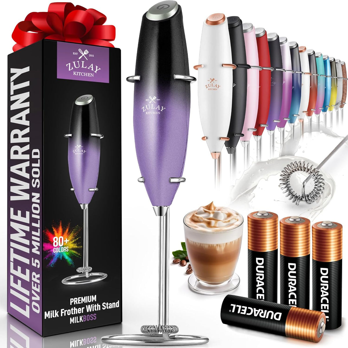 Zulay Kitchen Powerful Milk Frother Wand With 4 AA Duracell Batteries - Ultra Fast Handheld Drink Mixer - Electric Whisk Foam Maker for Coffee, Lattes, Cappuccino, Matcha & Creamer -