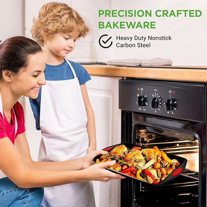 NutriChef 6-Piece Baking Pan Set - PFOA, PFOS, PTFE Free Flexible Nonstick Black Coating Carbon Steel Bakeware - Professional Home Kitchen Bake Cookie Sheet Stackable Tray w/Red Silicone Handles