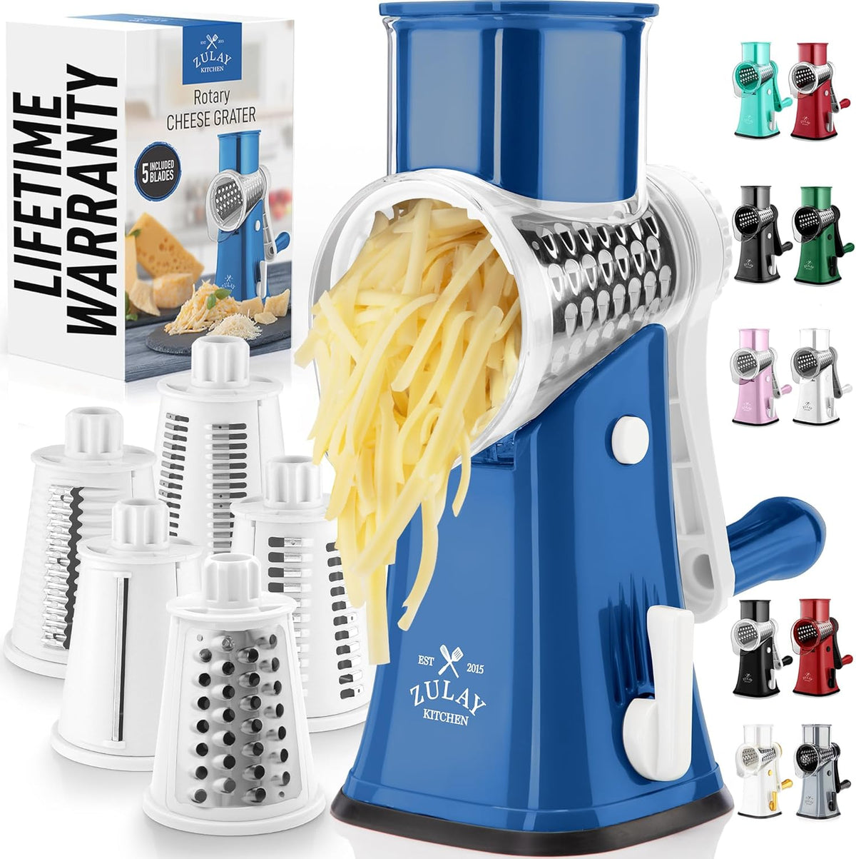 Zulay Kitchen Rotary Cheese Grater 5 Blade Cheese Shredder - Manual Hand Crank Cheese Grater With Reinforced Suction & 5 Interchangeable Drums - Easy to Use, Vegetable Chopper Round Mandoline Slicer