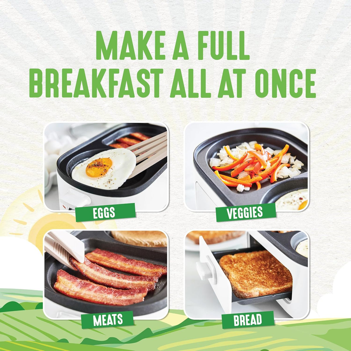 GreenLife 3-in-1 Breakfast Maker Station, Healthy Ceramic Nonstick Dual Griddles for Eggs Meat Sausage Bacon Pancakes and Breakfast Sandwiches, 2 Slice Toast Drawer, Easy-to-use Timer, White