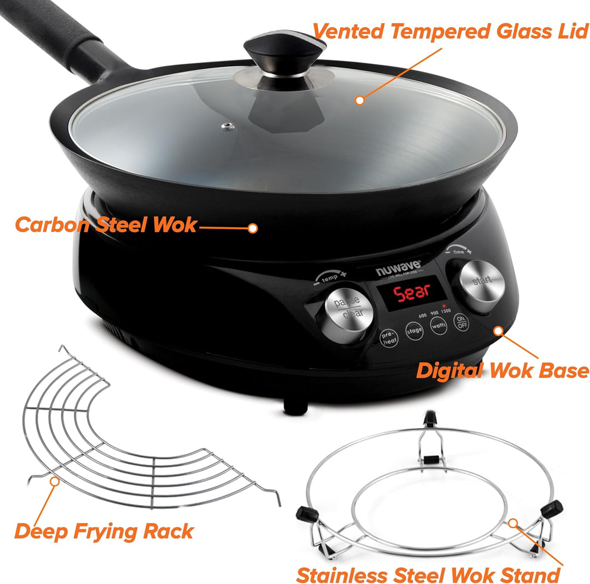 Nuwave Mosaic Induction Wok, Precise Temp Controls from 100°F to 575°F in 5°F, Wok Hei, Infuse Complex Charred Aroma & Flavor, 3 Watts 600,900 & 1500, Authentic 14-inch Carbon Steel Wok Included,Black
