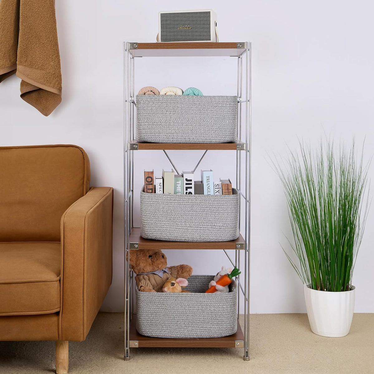 Large Storage Baskets for Shelves, Closet Organizers Bins for Clothes Blanket Towels, Baby Nursery, Toy Baskets Box, Woven Rope Baskets, 17 x 13 x 7.5”, 2 Packs Mixed Grey
