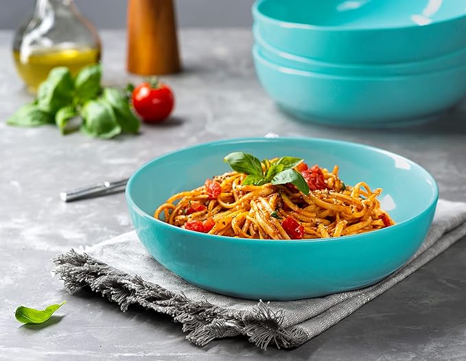 KooK Pasta Bowl, Salad Bowls, Soup, Serving Bowls, Ceramic, Large Capacity, Microwave & Dishwasher Safe, Set of 4, 40 Oz,(Light Turquoise)