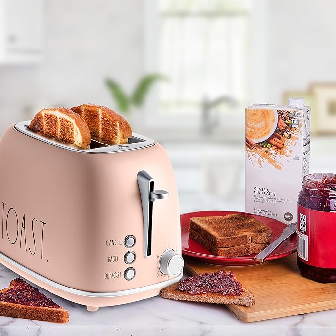 Rae Dunn Retro Rounded Bread Toaster, 2 Slice Stainless Steel Toaster with Removable Crumb Tray, Wide Slot with 6 Browning Levels, Bagel, Defrost and Cancel Options, Blush