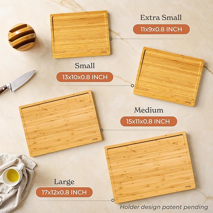 SMIRLY Bamboo Wooden Cutting Boards for Kitchen, Set of 4 Large - Small with Holder, Bamboo Wood Cutting Board Set with Deep Juice Grooves, Non Toxic Serving Tray, Gifts for Women