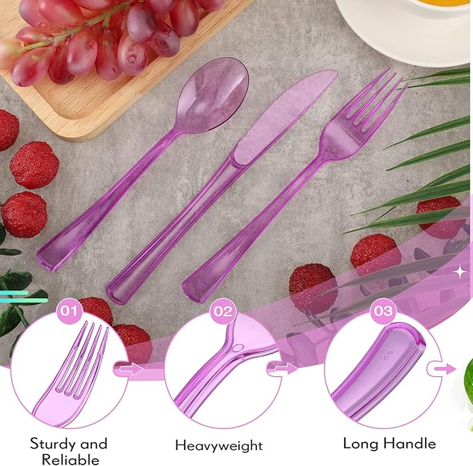 Minatee 150 Pieces Disposable Cutlery Set Plastic Silverware Heavy Duty Utensil Sets 50 Forks 50 Knives 50 Spoons for Home Office School Party Picnics Restaurant Outdoor Events(Purple)