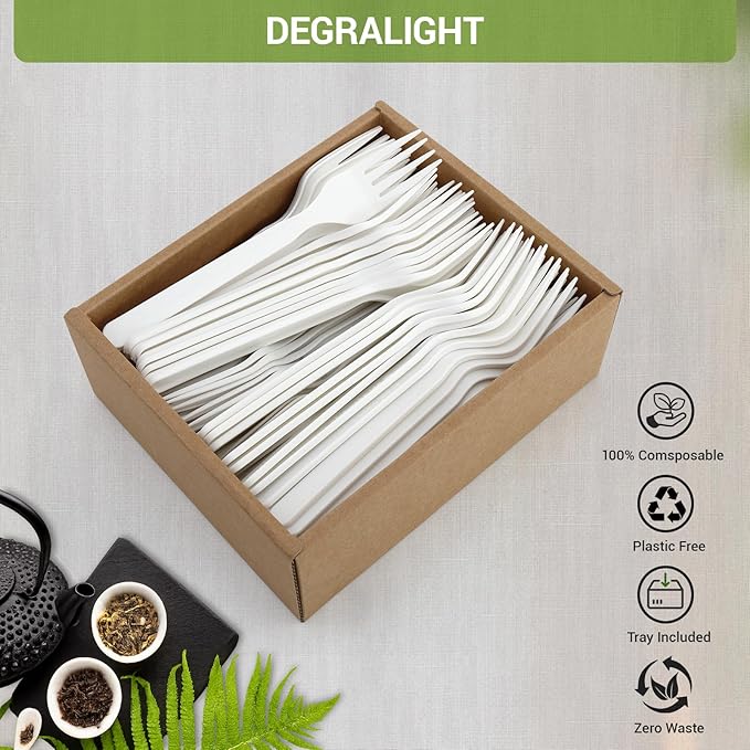 Compostable Froks [100Pcs] Heavy Duty Forks Disposable Utensils, BPA-Free, Heat Resistant, CPLA Disposable Forks, BPI Certified CPLA Disposable Cutlery for Party, Office & Picnic