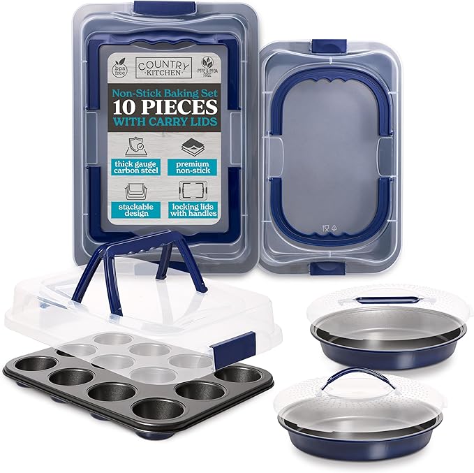 Country Kitchen Baking Pans Set - 10 Piece Non-Stick Cake Pans with Carry Lids for Easy Storage & Travel, Perfect for Parties - Stackable, Navy