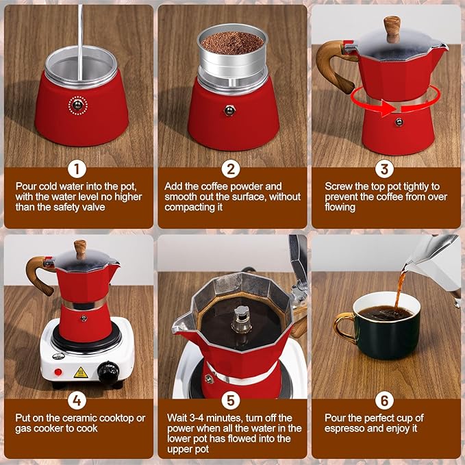 2-in-1 Moka Pot Espresso Set with Electric Stove 3 Cup Aluminum Stovetop Coffee Maker Percolator Italian Classic Mocha Coffee Machine for Italian and Cuban Cafe Brewing Portable Camping Red