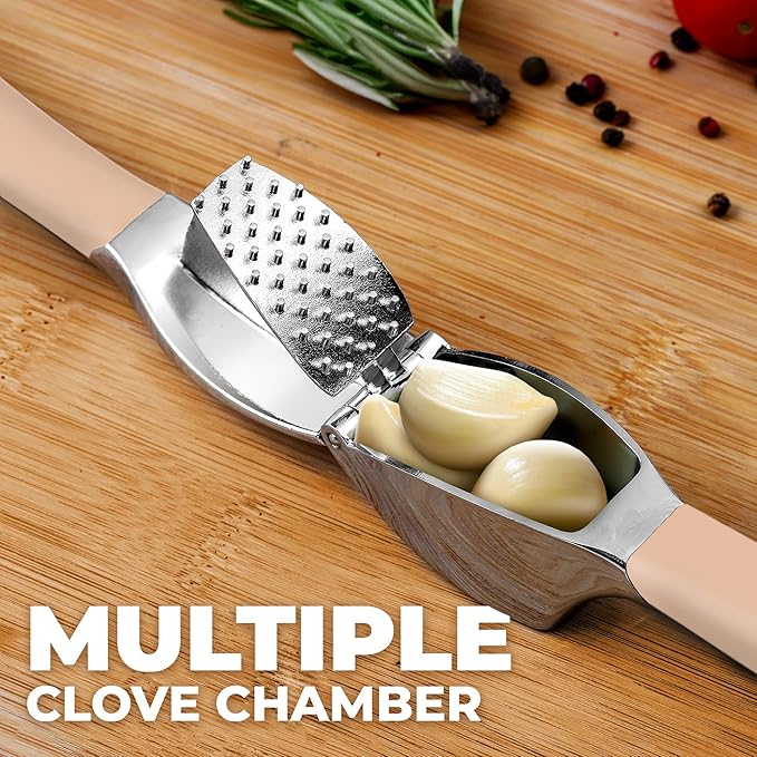 Zulay Kitchen Comfort Grip Garlic Press - Garlic Mincer Tool - Garlic Crusher - Garlic Press Mincer Rust Proof, with Soft Ergonomic Handle, Easy Clean Set with Peeler and Brush - Light Pink