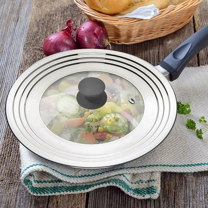 Universal Lid for Pots Pans and Skillets - One Lid Fits All 8.25-12 Inch Pots Frying Pans Skillets Woks, Replacement Pot Lid with Upgraded Heavy Duty Heat Resistant Silicone Handle, Gray