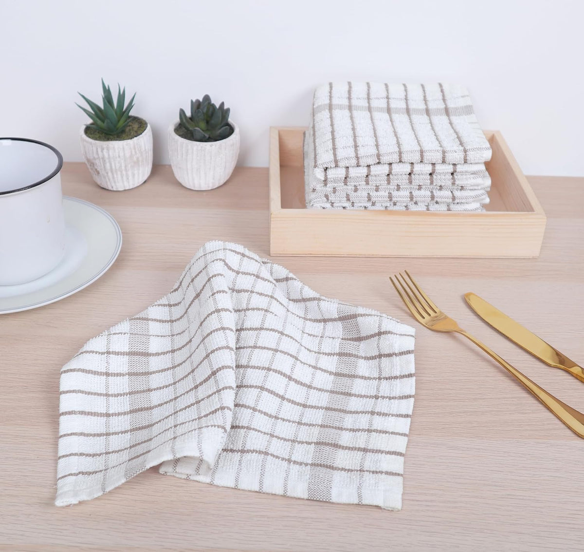 AMOUR INFINI Kitchen Dish Cloths Set of 8 - Ultra Soft, Highly Absorbent, Quick-Drying Terry Cotton Dishcloths 12"x12" Inch Wash & Cleaning Cloths for Kitchen & Dishwashing (Beige)