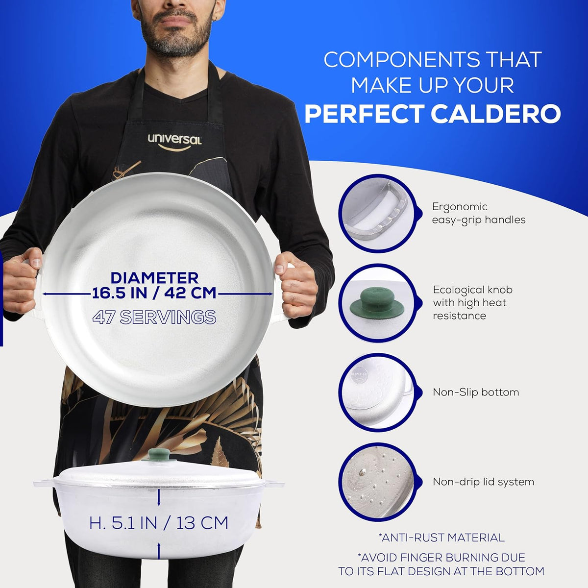 Universal (Professional Large) Caldero 47 Cups - 17 QT / 16 L, Stainless Aluminum Pot, Even Heat Distribution and Fast Cooking Dutch Oven Pot, Ergonomic Handles, Ideal for Rice, and French Fries