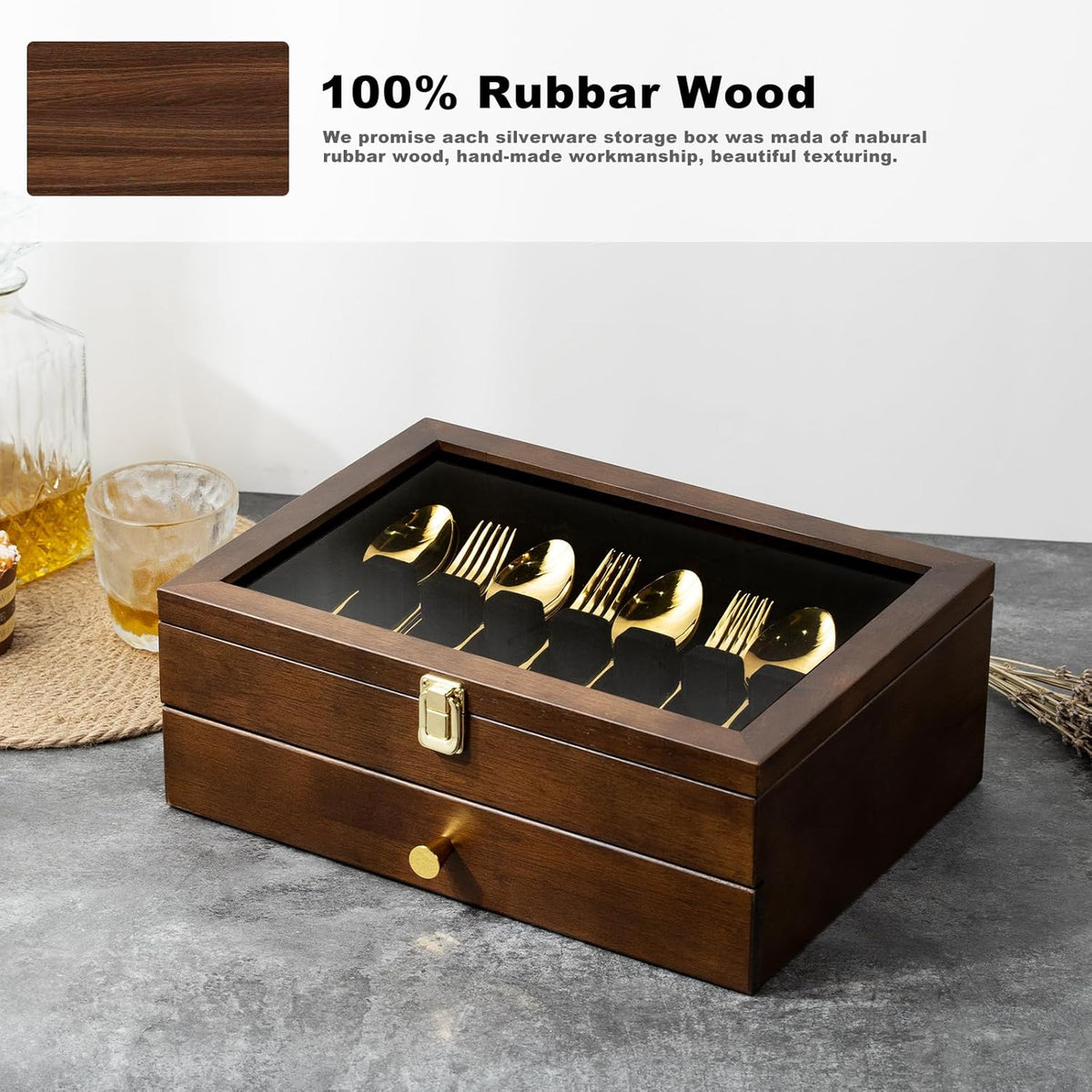 Silverware Box, 2-Layer Wooden Silverware Storage Box with Glass Lid, 14.5×10.6 Inches Luxury Style Decor Flatware Storage Case for Fine Flatware & Utensils, Gift Idea (Walnut)