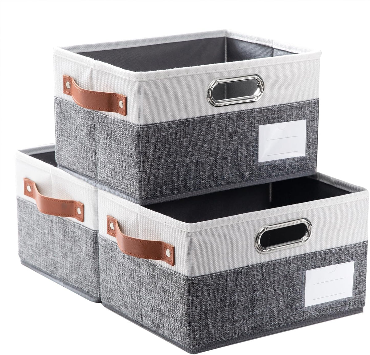 PRANDOM Foldable Storage Bins with Handles [3-Pack] Fabric Collapsible Storage Boxes Baskets Cubes Containers with Handles for Closet Living Room Bedroom (Grey & White 11.5x8.5x6.7'')