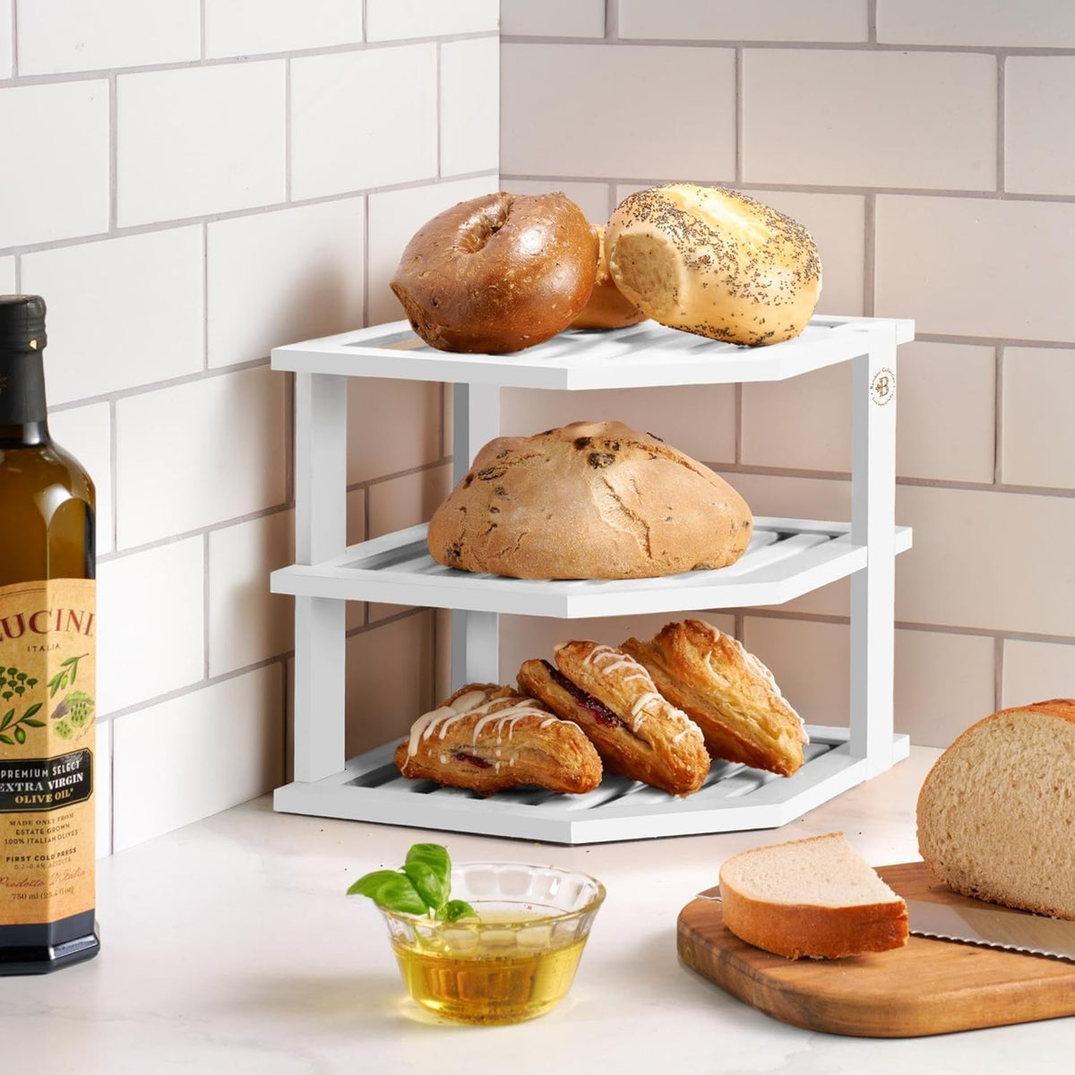 Cabinet Organizer Shelf - Bamboo Corner Rack for Kitchen Counter, Cabinet Space Saver for Plates, Dishes, Bowls, Bread Pantry, Bathroom Storage or Countertop Stand, White