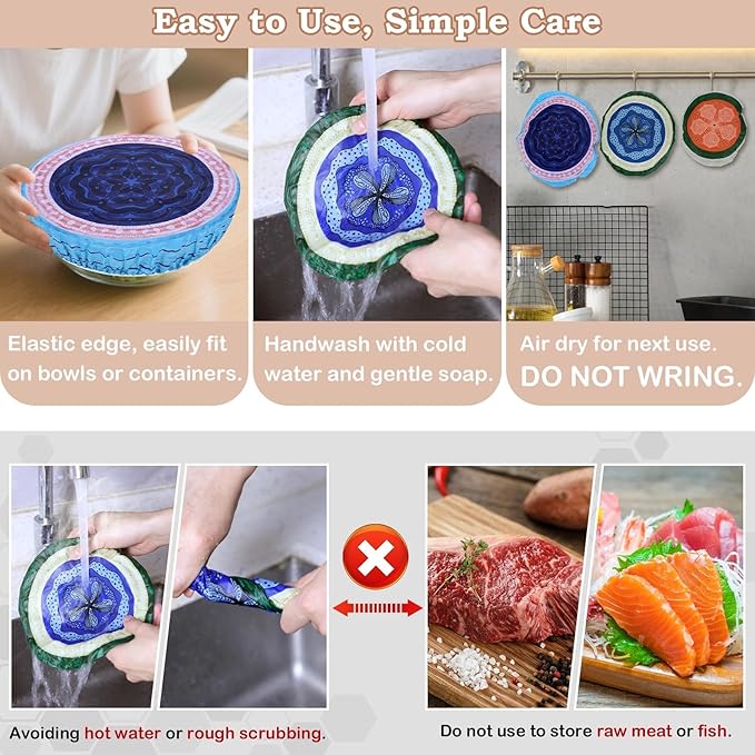 5-Size Reusable Beeswax Bowl Covers for Bread Proofing, Cotton Cloth Flexible Beeswax Wraps for Food Storage(Colorful Concentric Circle)