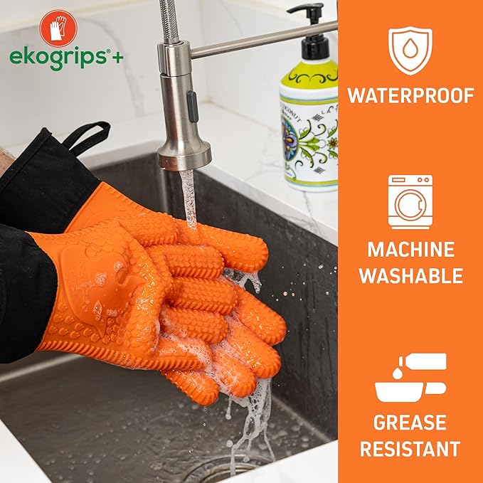 Ekogrips+ Premium Silicone Oven Mitts - Comfy, Waterproof, Heat Resistant BBQ Gloves for Grilling, Long Cuff for Added Protection, 5 Finger Dexterity, 3 Sizes, 4 Colors, L/XL, Grey